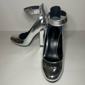 Guess Silver Chrome Heels Reflective, Metallic Block Heel Pumps